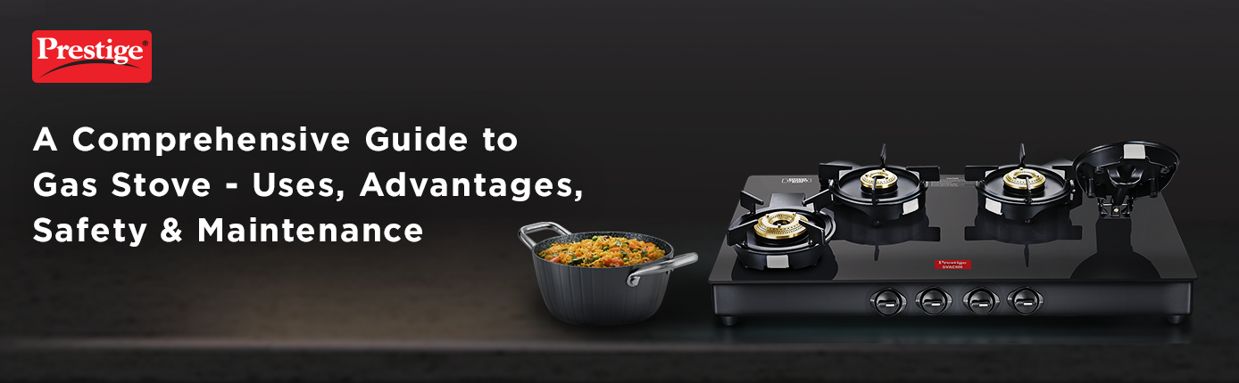 Prestige black glass-top gas stove 4-burners, and a cooking pot containing food